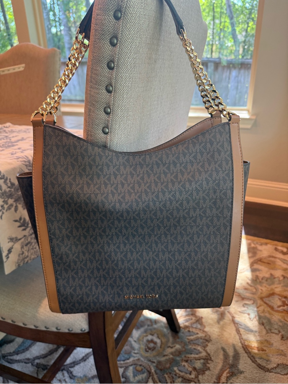Michael Kors Navy Logo Shoulder Tote with Tan Trim and Gold Chain